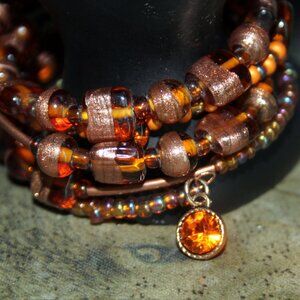 Vintage Copper Foil Glass Beads Memory Wire Wrist Wrap Bracelet